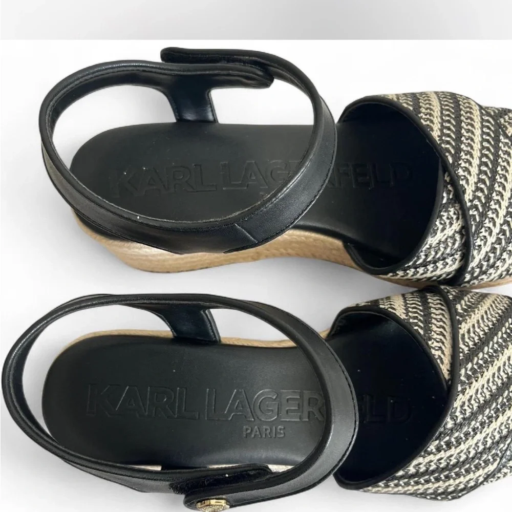Karl Lagerfeld Paris Espadrille Platform Wedge Sandals Black Cream Sz 10